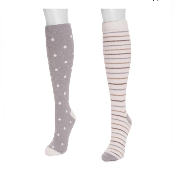Muk Luks Accessories - MUK LUKS 2 Pair Compression Knee High Socks, Grey-Stripes, Regular Calf Sz: 6-10